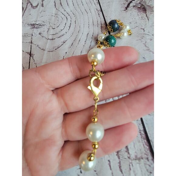 Gold Tone Faux Pear and Green/blue Beads Necklace Bracelet Set - Picture 6 of 8